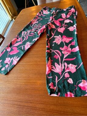 Anthropologie Green and Pink Floral Wide-Leg Pants